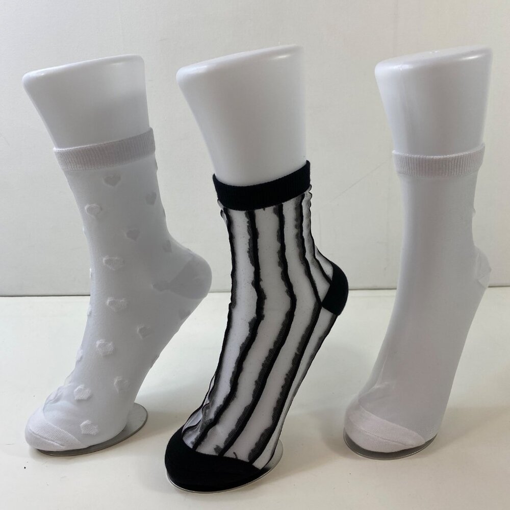 Sheer Ankle Socks Set - 3 Stylish Pairs With Hearts Stripes & Solid Patterns